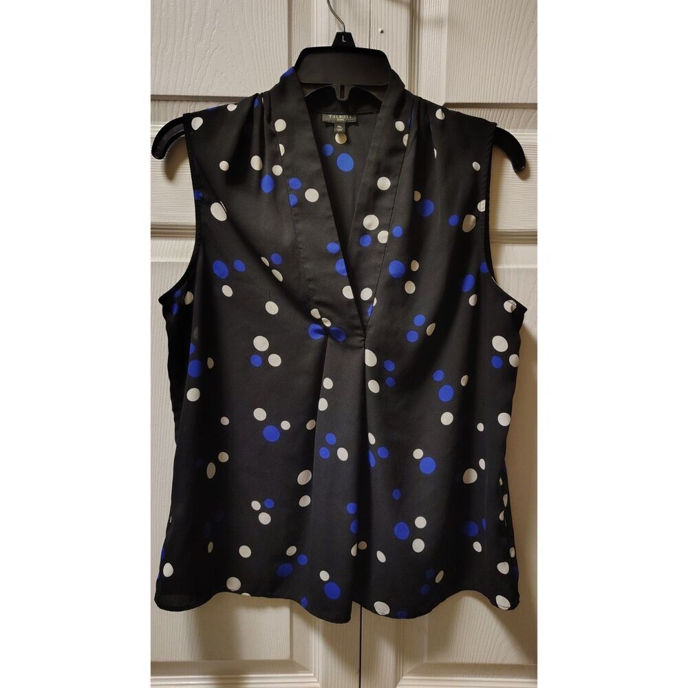Talbots Petites MediumP Black Blue White Polka Dot Sleeveless V-Neck Blouse‎